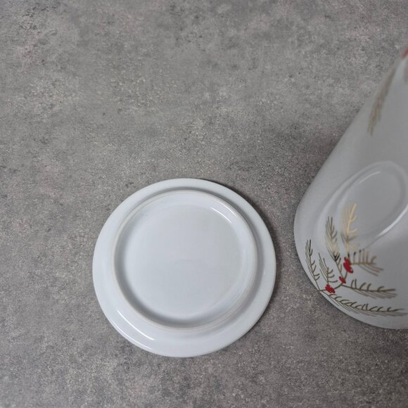 Davids Tea Mugs Blue Stripe and White with Gold Boughs and Red Berries and Lid - Picture 10 of 11